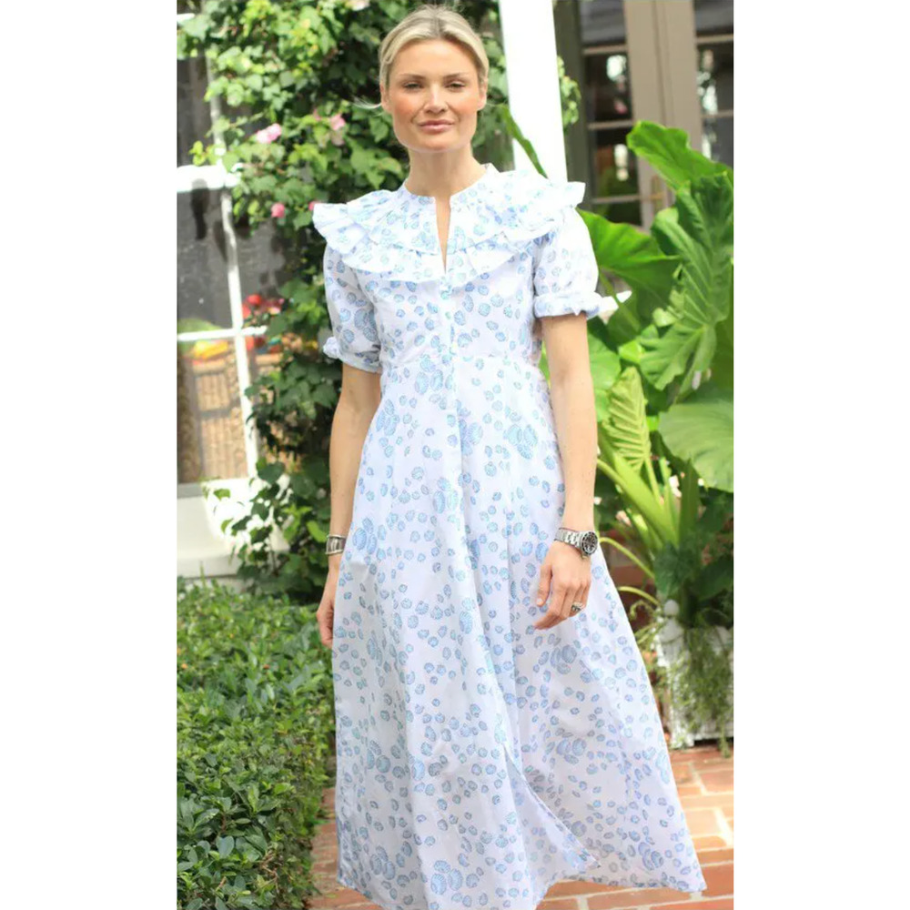 Julia India Amory JA Ruffle Shirt Maxi Dress Blue Shell Puff Sleeve Tuckernuck S - Picture 2 of 11